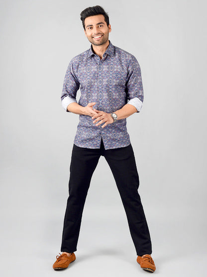 Blue & Grey Printed Slim Fit Party Wear Shirt | JB Studio