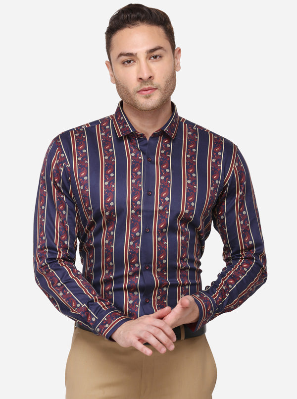 Navy Blue Printed Slim Fit Party Wear Shirt | JB Studio