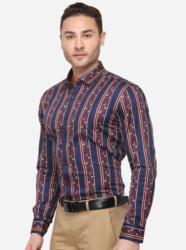 Navy Blue Printed Slim Fit Party Wear Shirt | JB Studio
