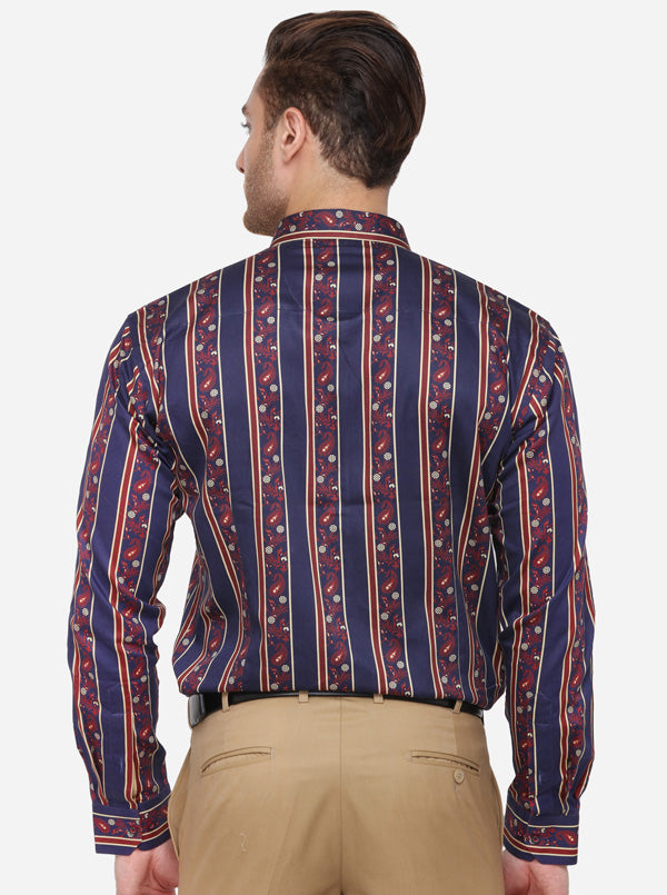 Navy Blue Printed Slim Fit Party Wear Shirt | JB Studio
