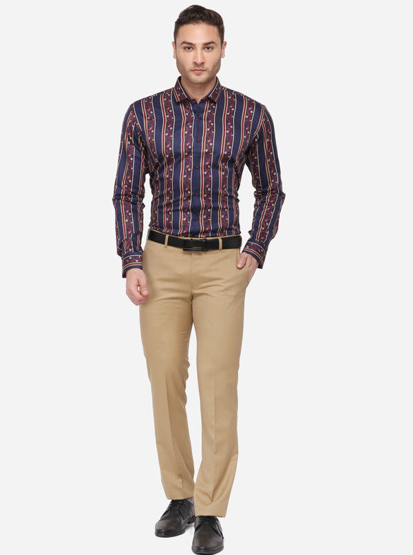 Navy Blue Printed Slim Fit Party Wear Shirt | JB Studio
