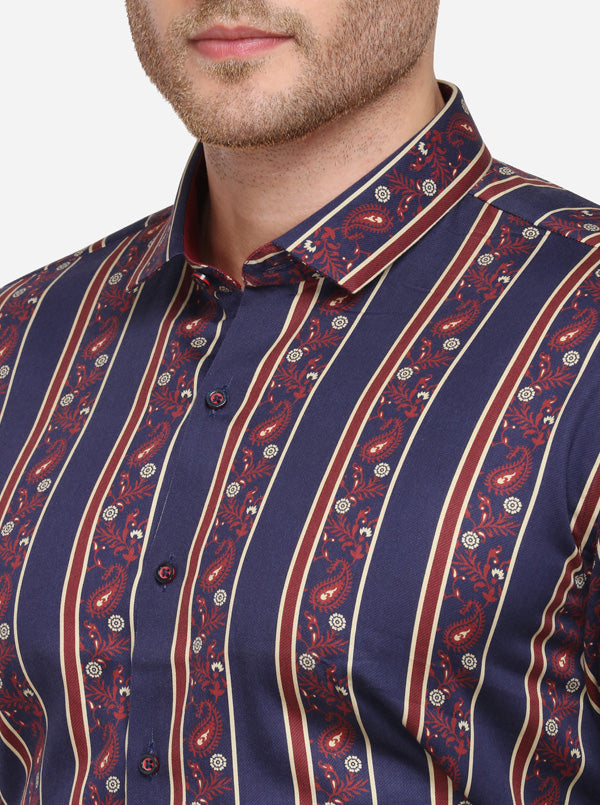 Navy Blue Printed Slim Fit Party Wear Shirt | JB Studio