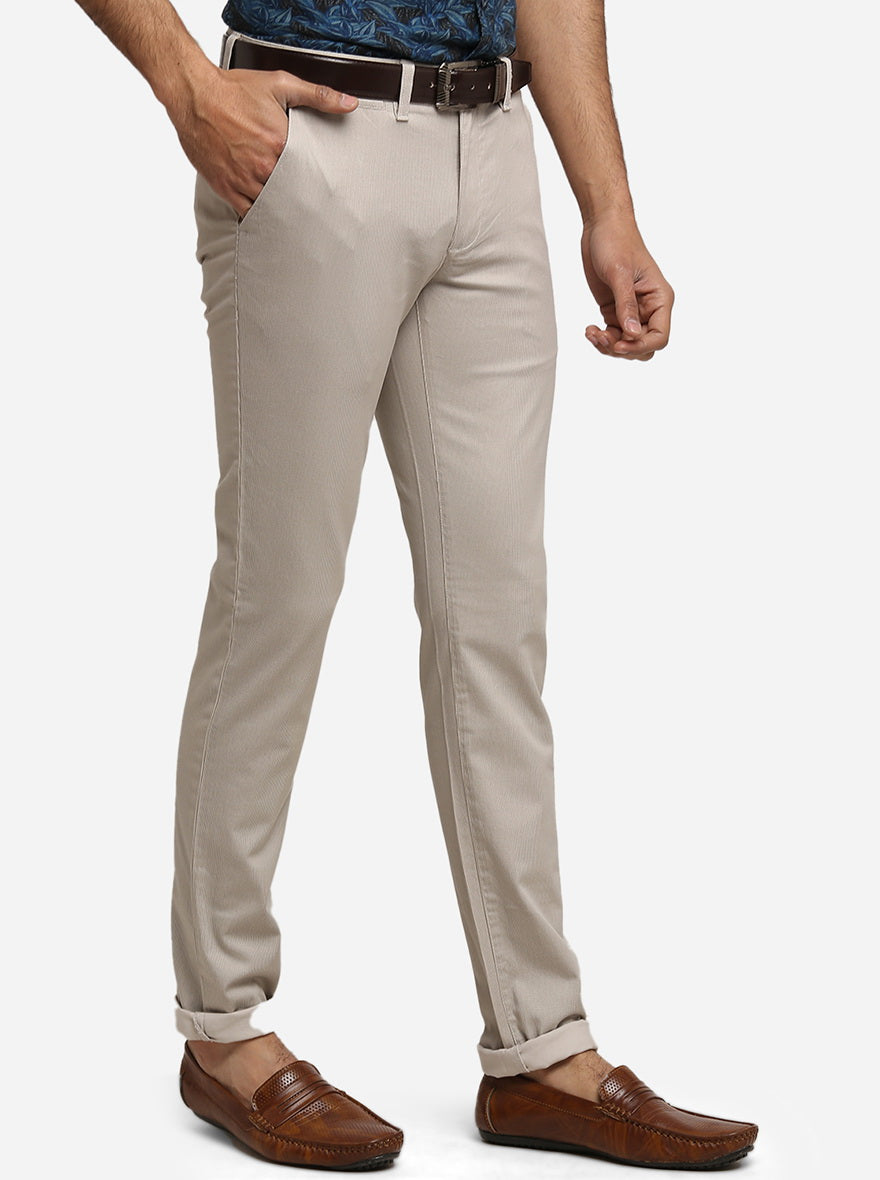 Soft Beige Solid Super Slim Fit Casual Trouser | Greenfibre