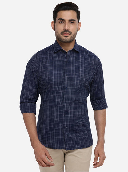 Dark Blue Checked Regular Fit Formal Shirt | Greenfibre