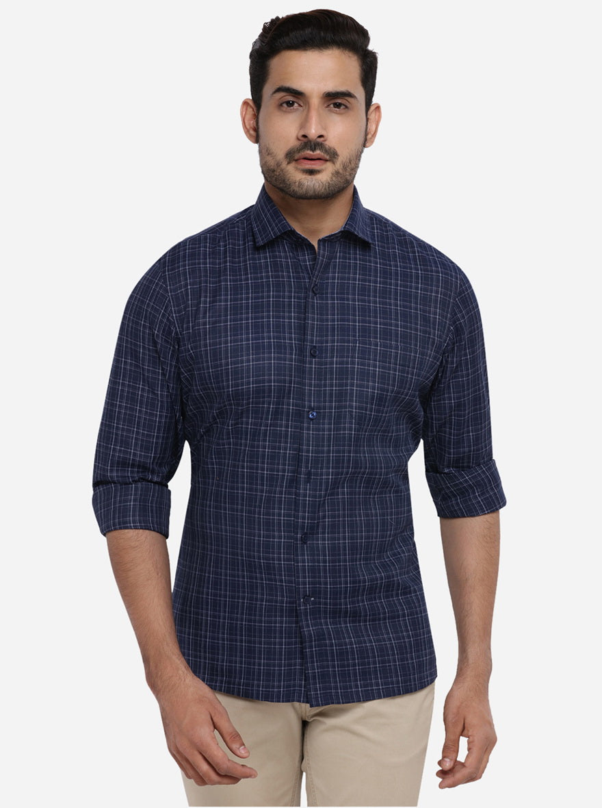 Dark Blue Checked Regular Fit Formal Shirt | Greenfibre