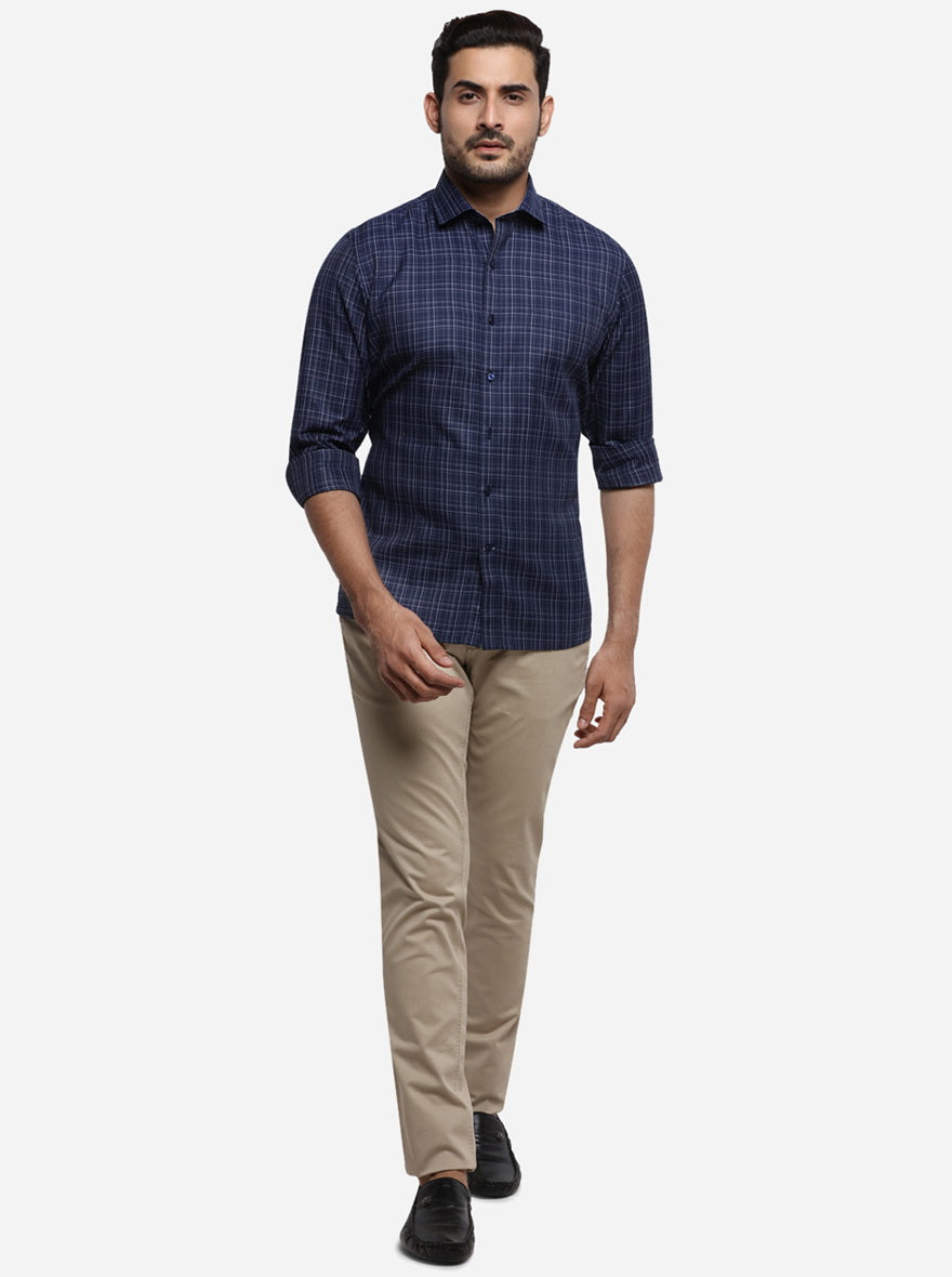 Dark Blue Checked Regular Fit Formal Shirt | Greenfibre