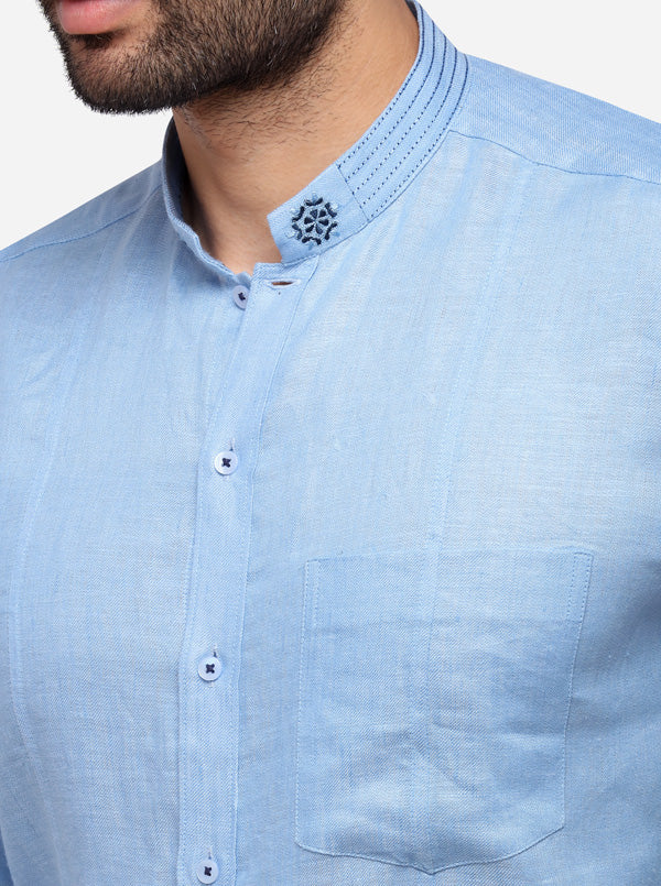 Sky Blue Solid Slim Fit Party Wear Shirt | JB Studio