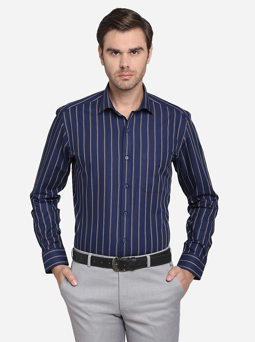 Navy Blue Striped Slim Fit Formal Shirt | JadeBlue