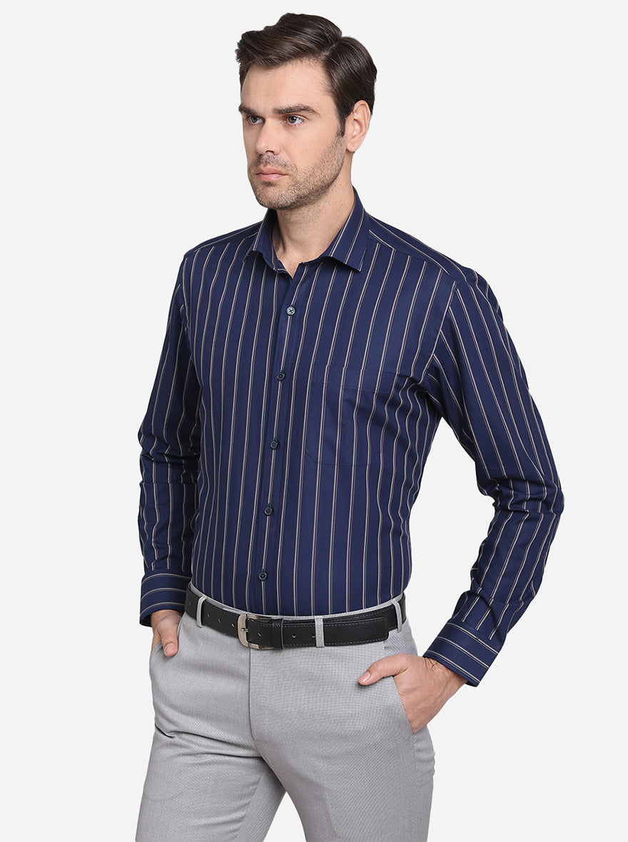 Navy Blue Striped Slim Fit Formal Shirt | JadeBlue