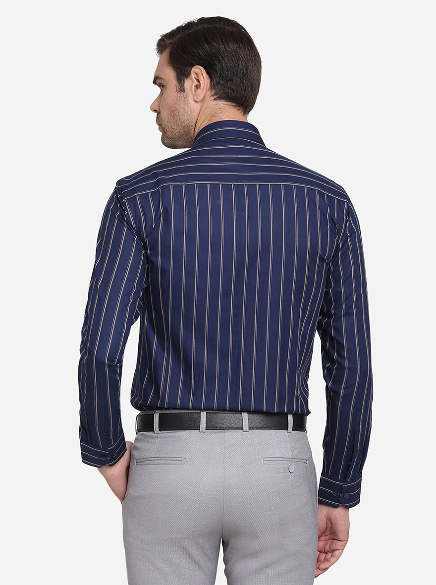 Navy Blue Striped Slim Fit Formal Shirt | JadeBlue