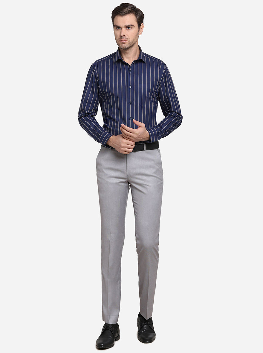 Navy Blue Striped Slim Fit Formal Shirt | JadeBlue