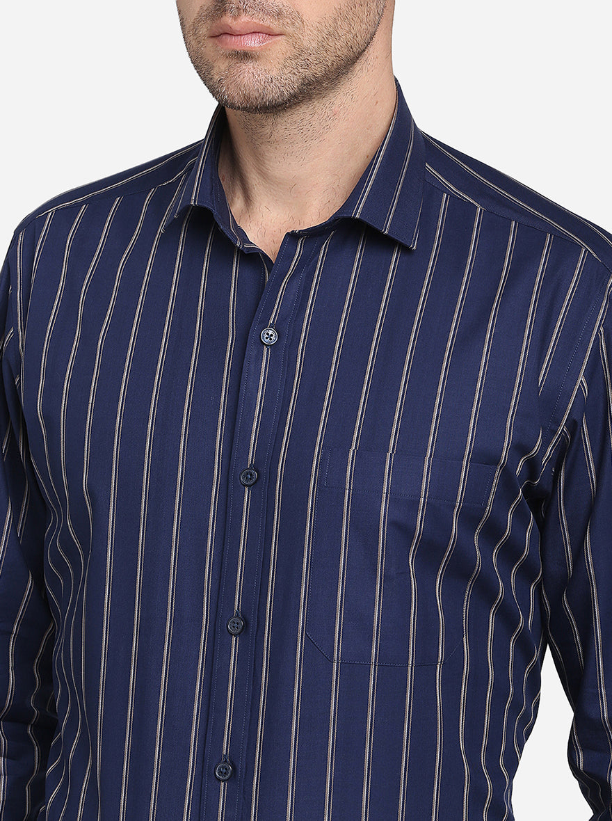 Navy Blue Striped Slim Fit Formal Shirt | JadeBlue