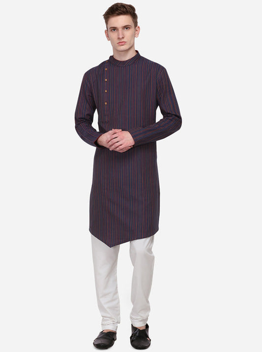 Navy Blue Striped Regular Fit Kurta | Azania