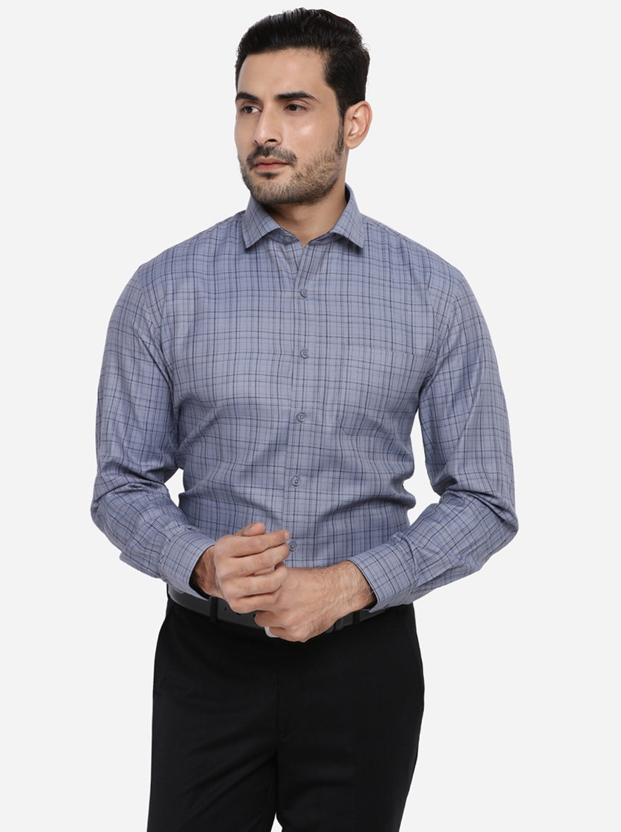 Steel Grey Checked Regular Fit Formal Shirt | Greenfibre