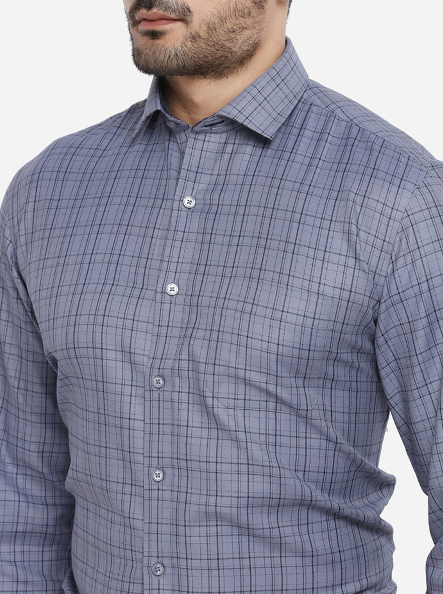 Steel Grey Checked Regular Fit Formal Shirt | Greenfibre