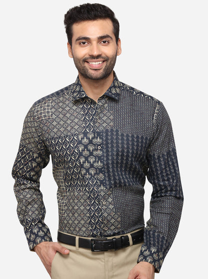 Navy Blue Printed Slim Fit Party Wear Shirt | JB Studio
