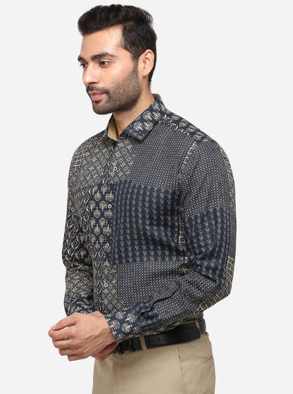Navy Blue Printed Slim Fit Party Wear Shirt | JB Studio