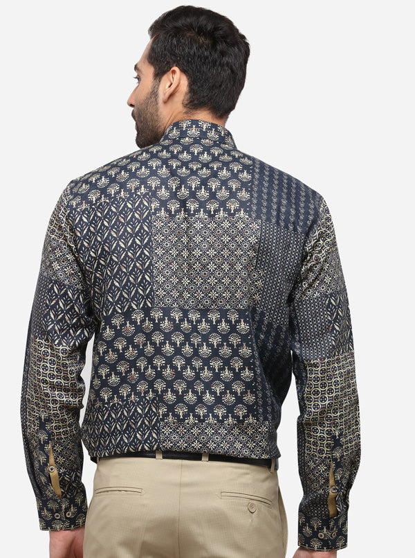 Navy Blue Printed Slim Fit Party Wear Shirt | JB Studio