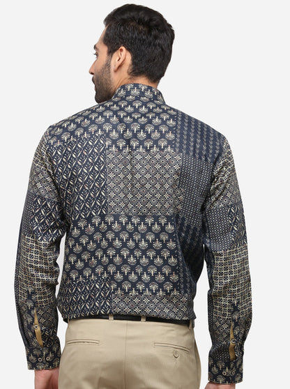 Navy Blue Printed Slim Fit Party Wear Shirt | JB Studio