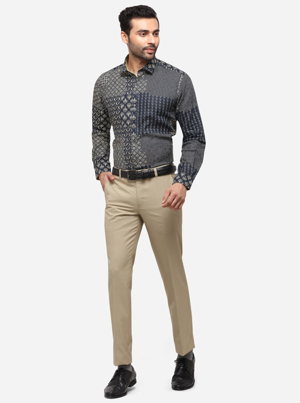 Navy Blue Printed Slim Fit Party Wear Shirt | JB Studio