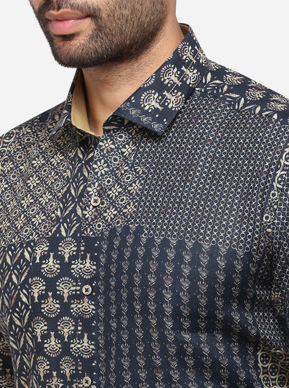 Navy Blue Printed Slim Fit Party Wear Shirt | JB Studio