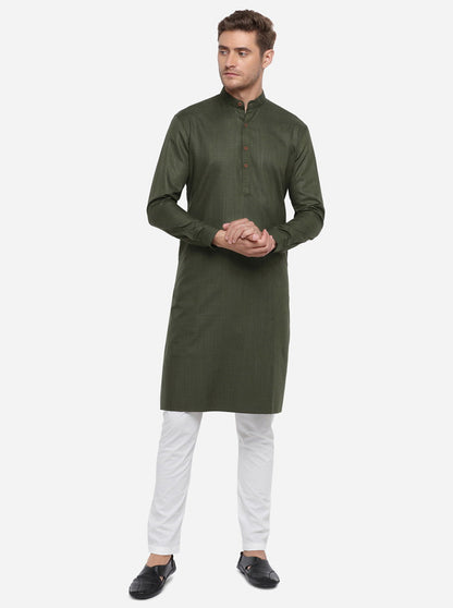 Dark Olive Green Self Design Regular Fit Modi Kurta | JadeBlue