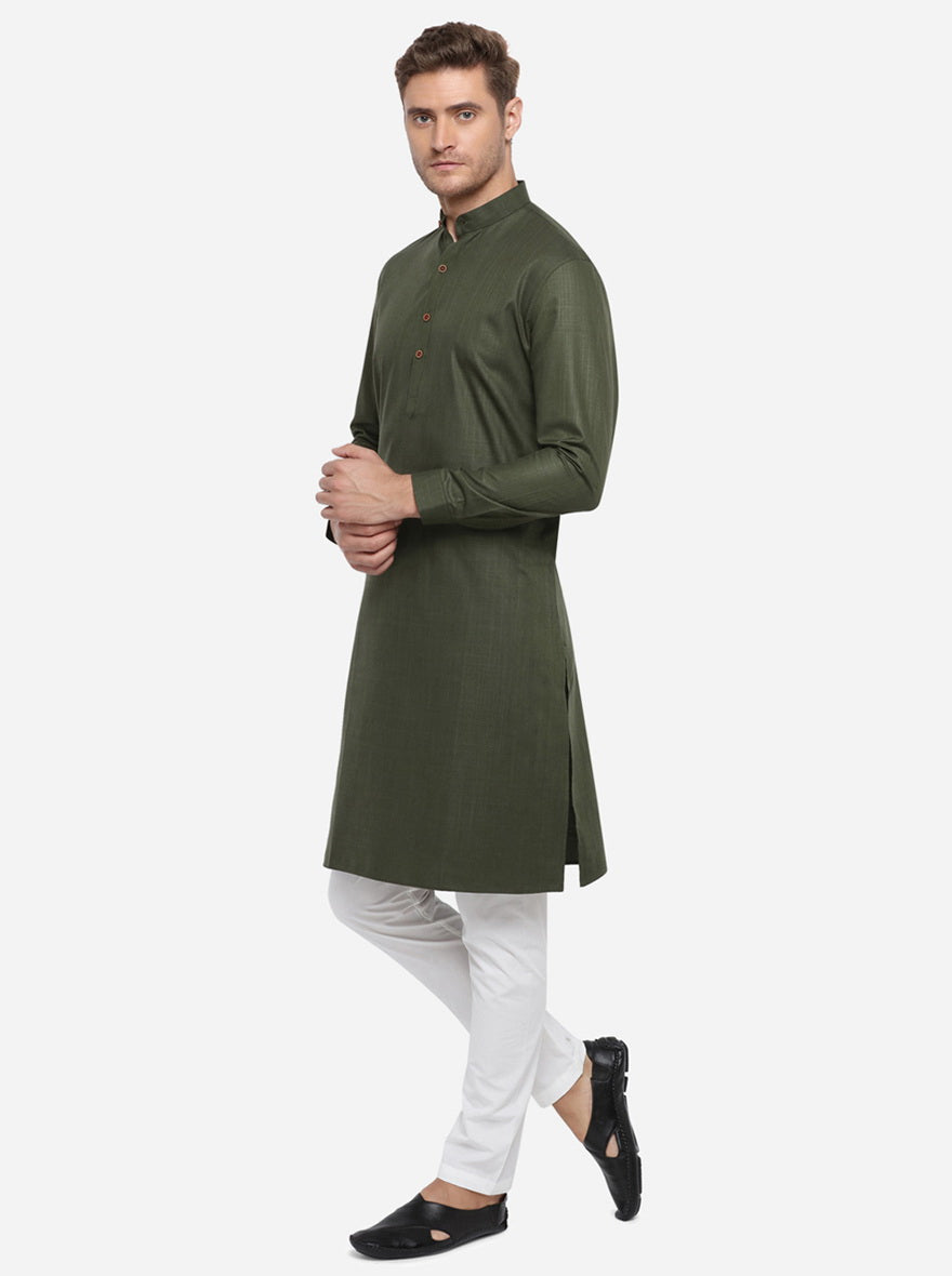 Dark Olive Green Self Design Regular Fit Modi Kurta | JadeBlue