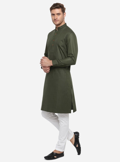 Dark Olive Green Self Design Regular Fit Modi Kurta | JadeBlue
