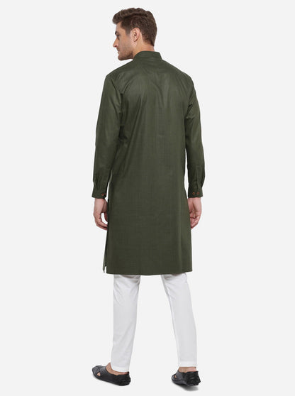 Dark Olive Green Self Design Regular Fit Modi Kurta | JadeBlue