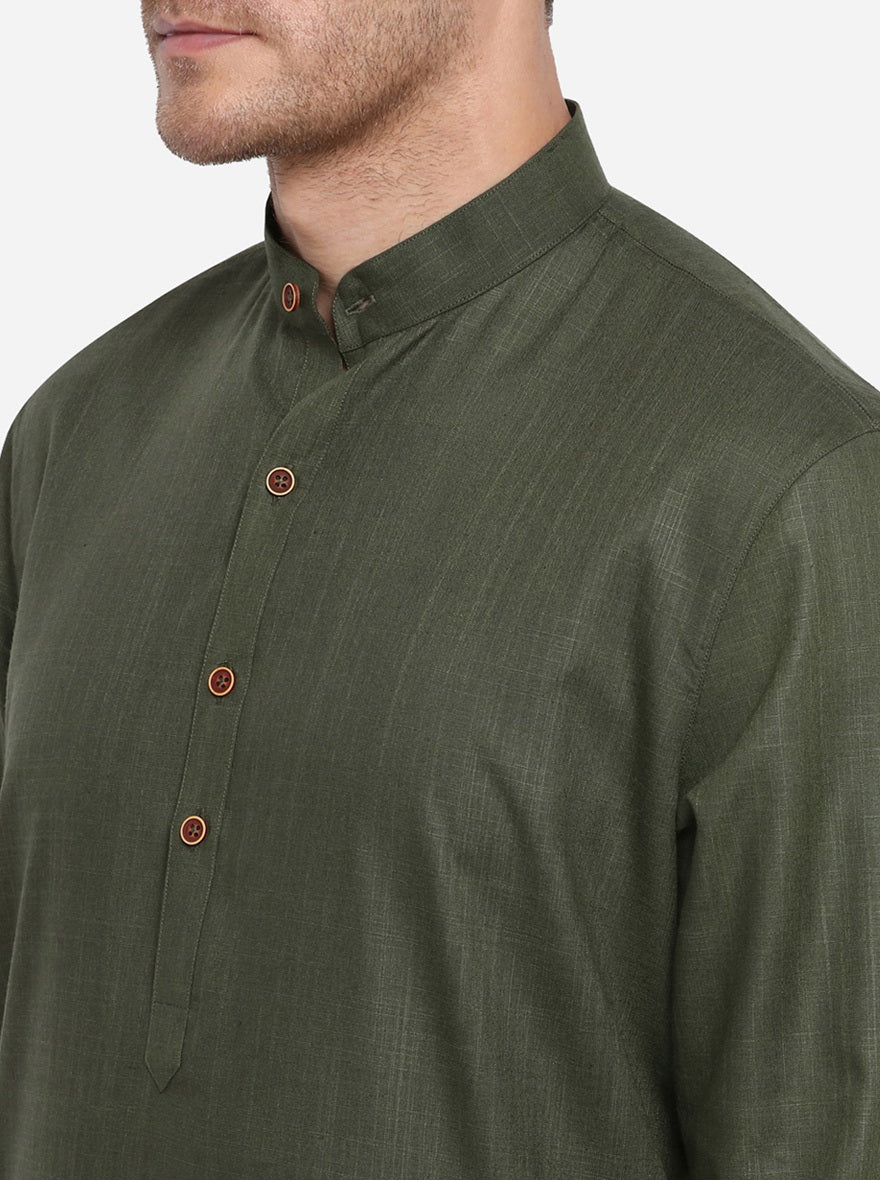 Dark Olive Green Self Design Regular Fit Modi Kurta | JadeBlue