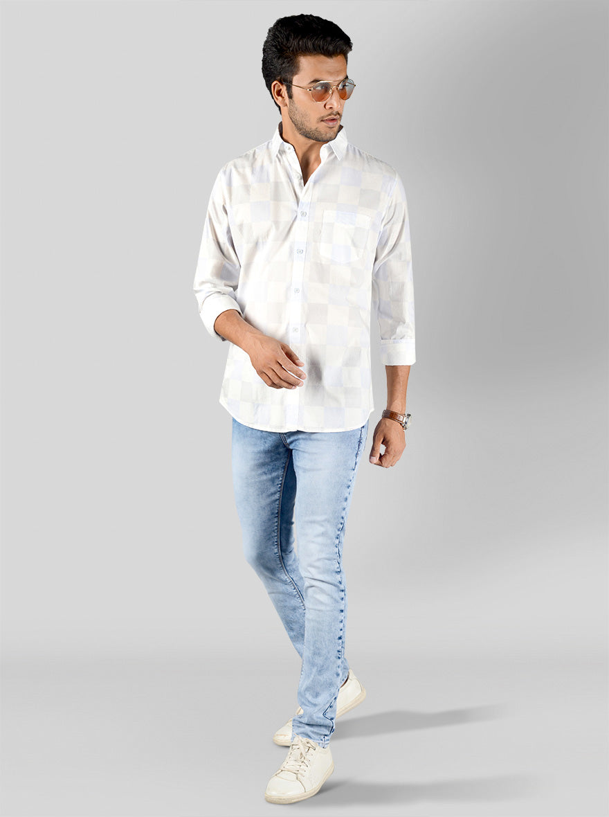 Sky Blue & White Checked Slim Fit Casual Shirt | JB Sport