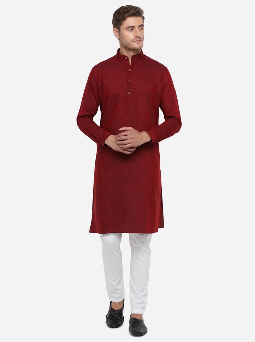 Maroon Self Design Regular Fit Modi Kurta | JadeBlue