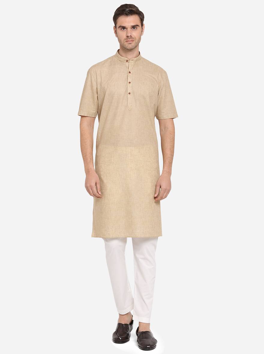 Dark Beige Self Design Regular Fit Modi Kurta | JadeBlue