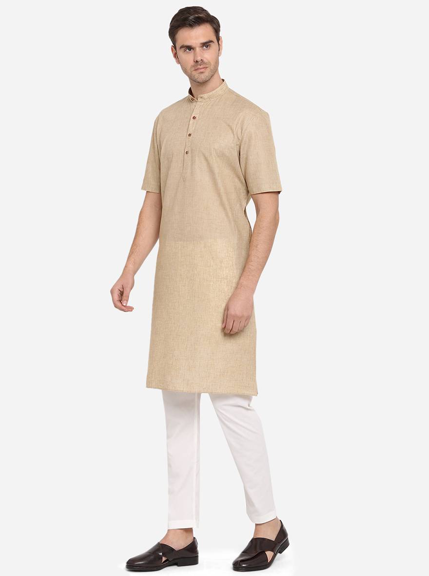 Dark Beige Self Design Regular Fit Modi Kurta | JadeBlue