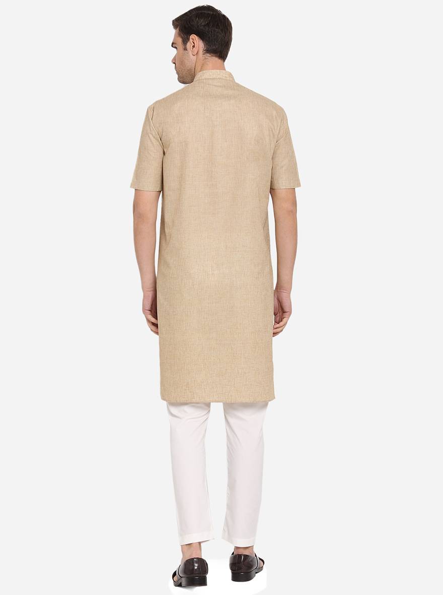 Dark Beige Self Design Regular Fit Modi Kurta | JadeBlue