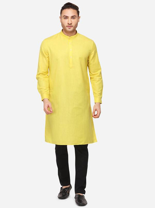 Yellow Self Textured Regular Fit Modi Kurta | JadeBlue