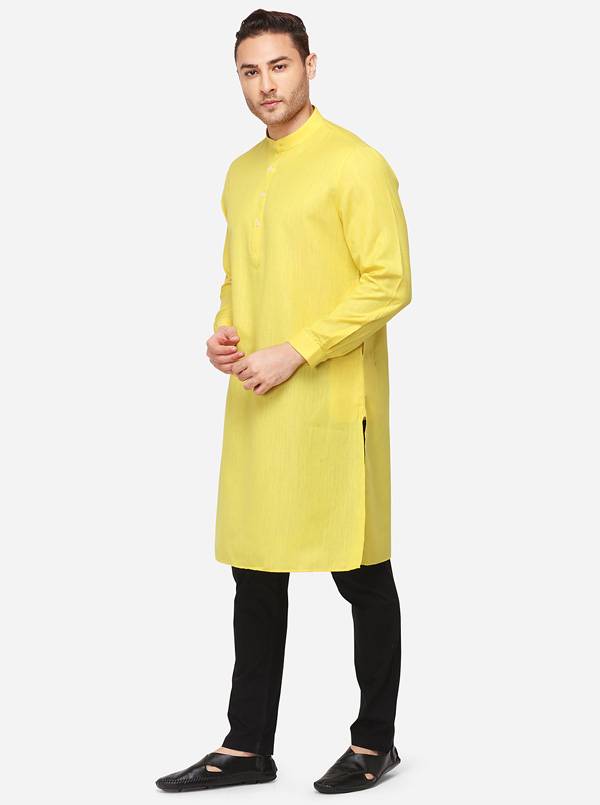 Yellow Self Textured Regular Fit Modi Kurta | JadeBlue