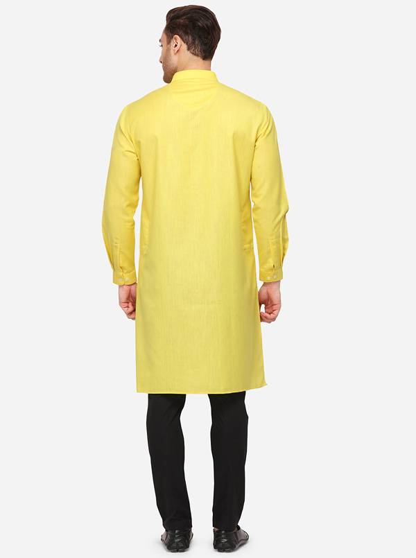 Yellow Self Textured Regular Fit Modi Kurta | JadeBlue