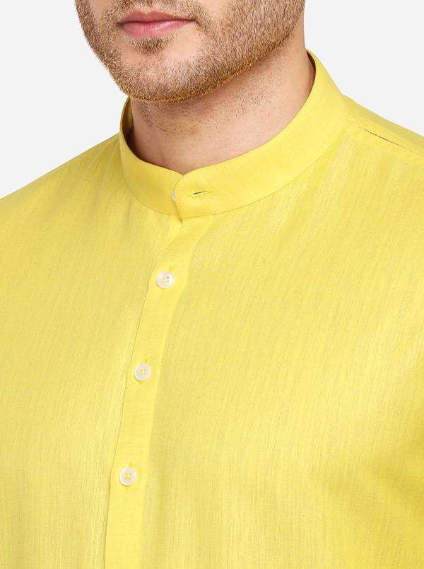 Yellow Self Textured Regular Fit Modi Kurta | JadeBlue