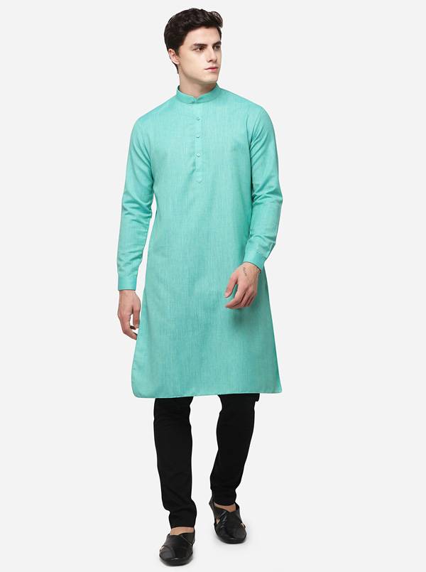 Ocean Green Self Textured Regular Fit Modi Kurta | JadeBlue