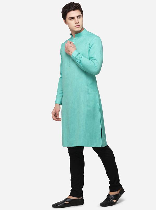 Ocean Green Self Textured Regular Fit Modi Kurta | JadeBlue