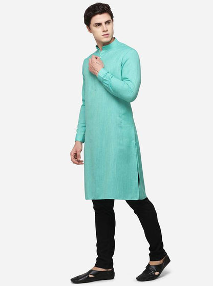 Ocean Green Self Textured Regular Fit Modi Kurta | JadeBlue