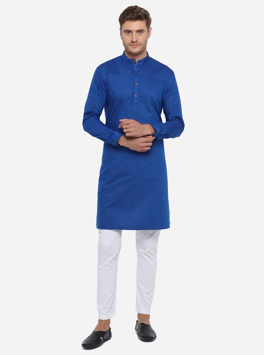 Cobalt Blue Self Design Regular Fit Modi Kurta | JadeBlue