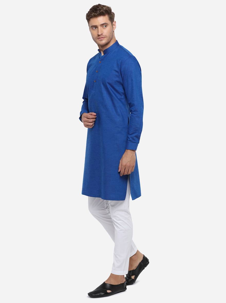 Cobalt Blue Self Design Regular Fit Modi Kurta | JadeBlue