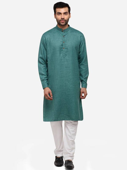 Olive Green Self Textured Regular Fit Modi Kurta | JadeBlue