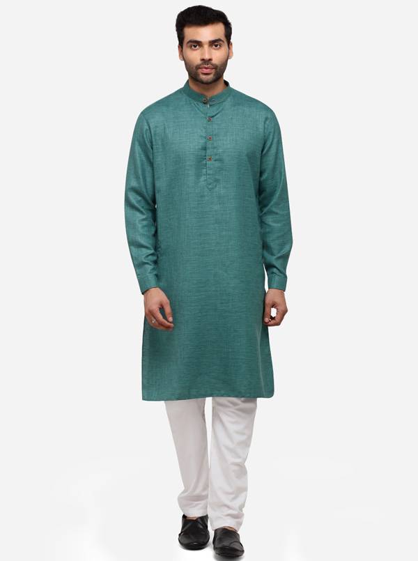 Olive Green Self Textured Regular Fit Modi Kurta | JadeBlue