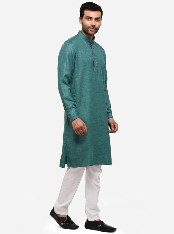 Olive Green Self Textured Regular Fit Modi Kurta | JadeBlue