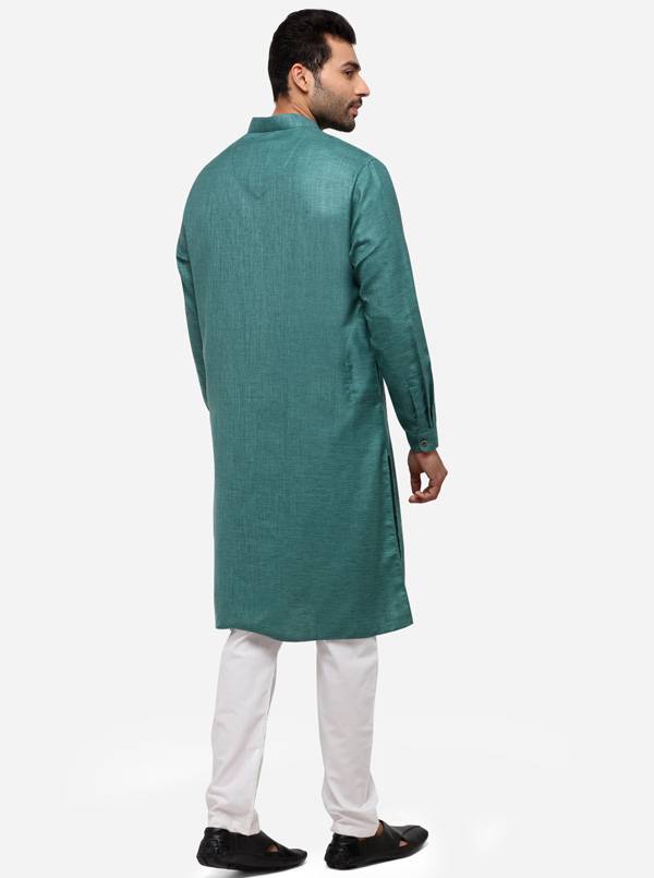 Olive Green Self Textured Regular Fit Modi Kurta | JadeBlue