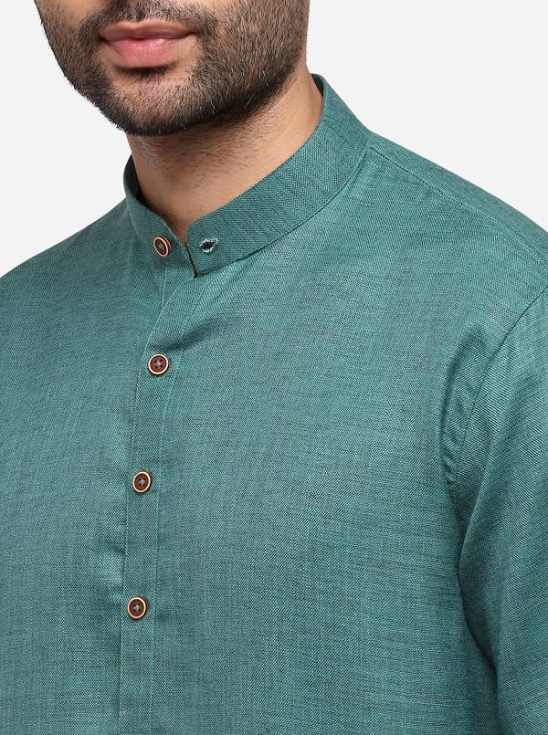 Olive Green Self Textured Regular Fit Modi Kurta | JadeBlue