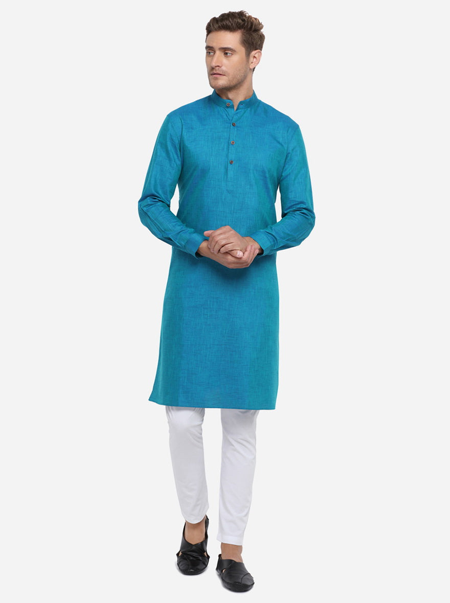 Ocean Blue Self Design Regular Fit Modi Kurta | JadeBlue